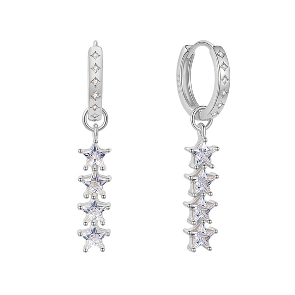 FE1873 925 Sterling Silver Quartet Stars Dangle Hoops