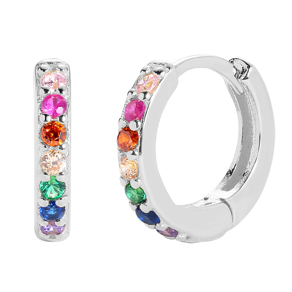 FE0008 925 Sterling Silver Rainbow Pave Huggie Earrings