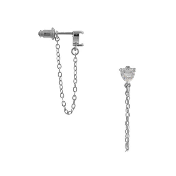 FE2016 925 Sterling Silver Heart Cubic Zirconia Chain Stud Earrings