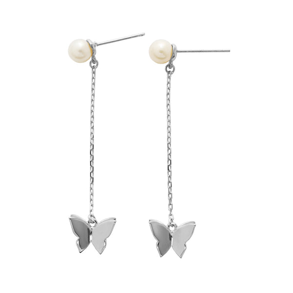 PE0072 925 Sterling Silver Butterfly Shell Pearl Long Chain Drop Stud Earring