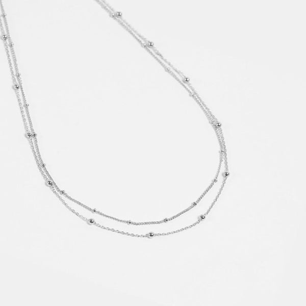 FX0179 925 Sterling Silver Double Chain Beaded Necklace
