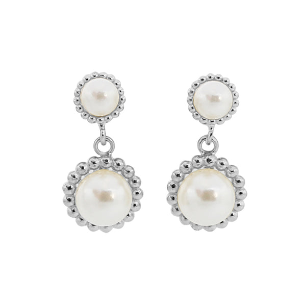 PE0067 925 Sterling Silver Luxury Round Pearl Beaded Drop Stud Earrings