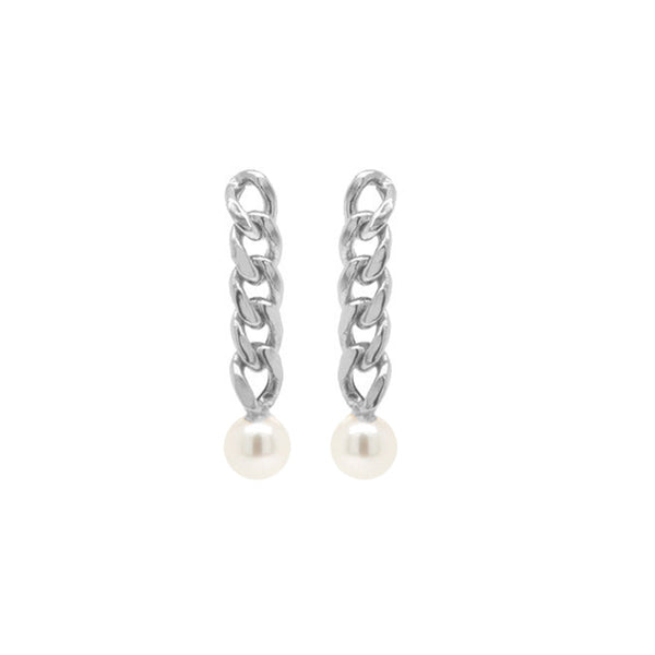 PE0022 925 Sterling Silver Cuban Chain Pearl Stud Earrings