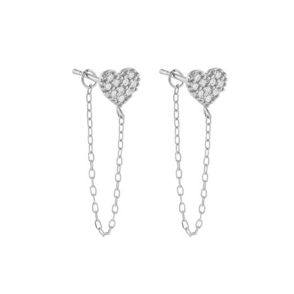 FE1388 925 Sterling Silver Heart Chain Stud Earrings