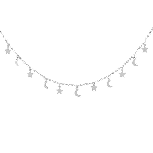 FX0200 925 Sterling Silver Moon & Star Choker Necklace