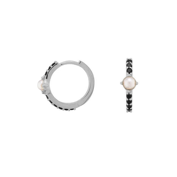 FE1910 925 Sterling Silver Black CZ Pearl Stationed Huggie Hoop Earrings