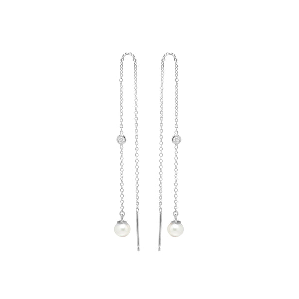 PE0018 925 Sterling Silver Chain Threader CZ & Pearl Floating Stud Earrings