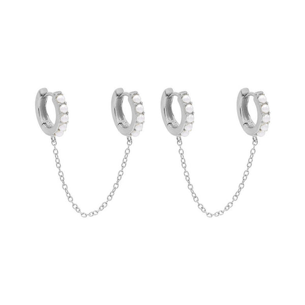 PE0010 925 Sterling Silver Double Hoop Freshwater Pearl Chain Earrings