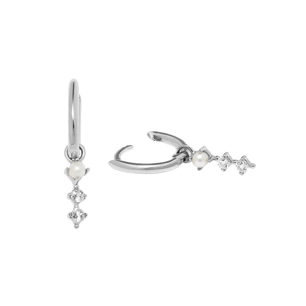 PE0034 925 Sterling Silver Trio White CZ & Freshwater Pearl Long Stud Earrings