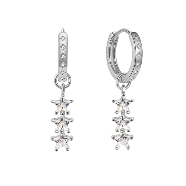 FE1871 925 Sterling Silver Trio Stars Dangle Hoops