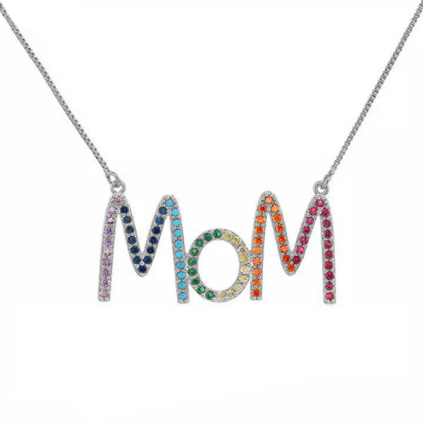 FX0495 925 Sterling Silver Rainbow Zircon Mom Necklace