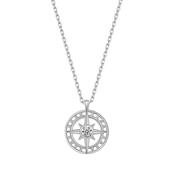 FX0849 925 Sterling Silver North Star Medallion CZ Round Necklace