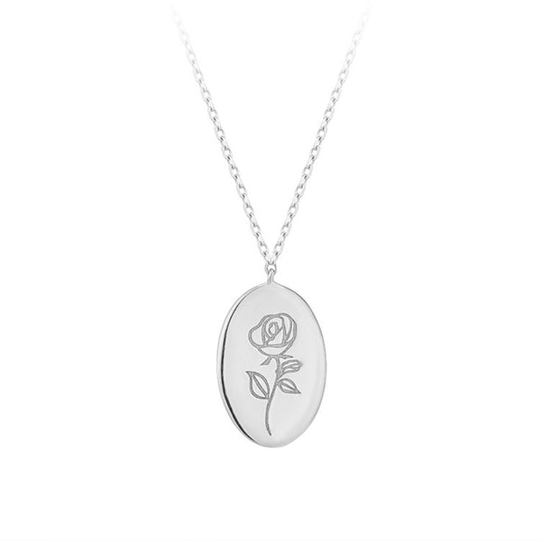 FX0775 925 Sterling Silver Coin Engraved Rose Flower Necklace