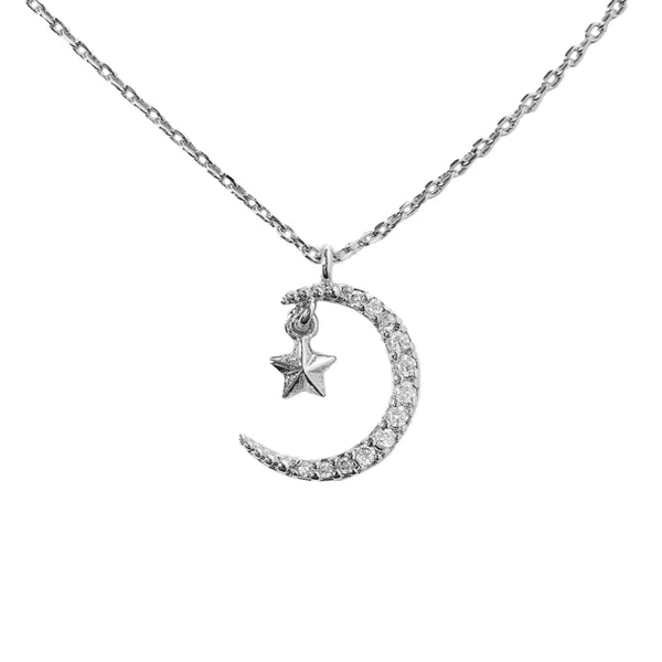 FX0549 925 Sterling Silver Moon & Star Pendant Necklace