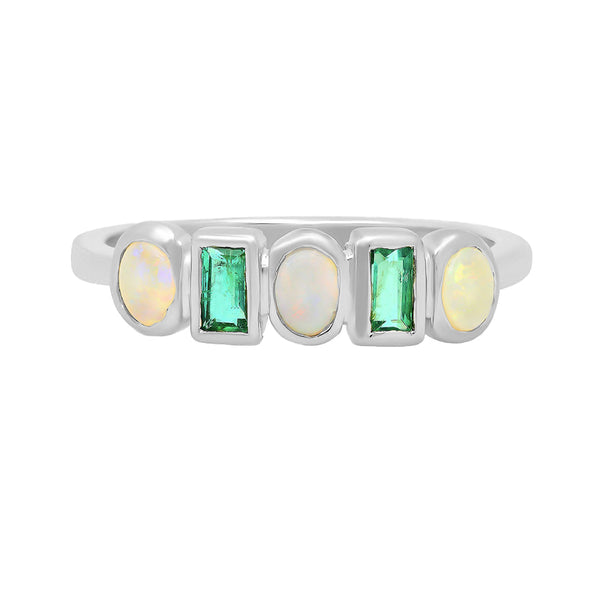 FJ0614 925 Sterling Silver Opal and Emerald Band Ring