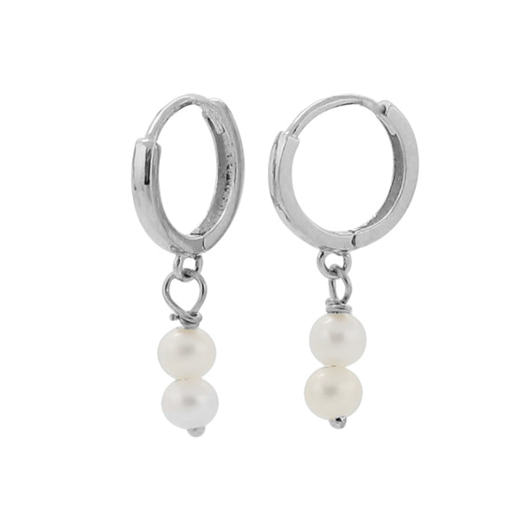 PE0077 925 Sterling Silver Double Freshwater Pearl Drop Hoop Earring