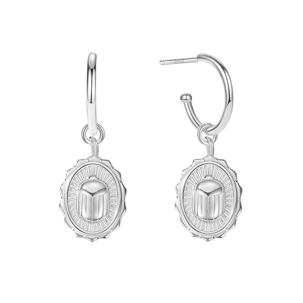 FE1883 925 Sterling Silver Scarab Dangle Hoop Earring