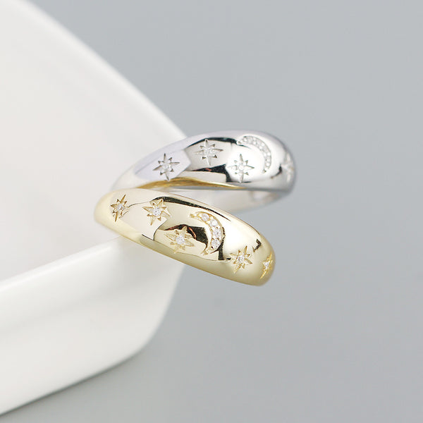 TYJ0317 925 Sterling Silver Crescent Moon Star Pave CZ Dome Ring