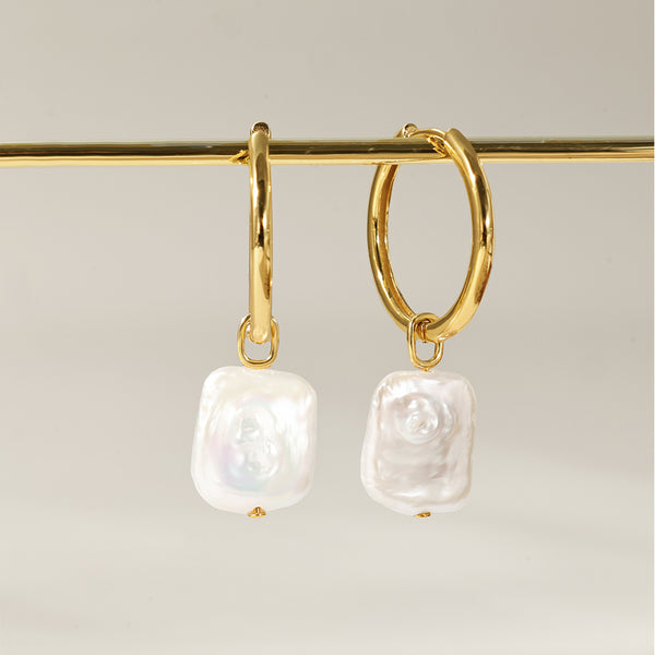 PE0168 925 Sterling Silver Square Freshwater Pearl Dangle Earrings