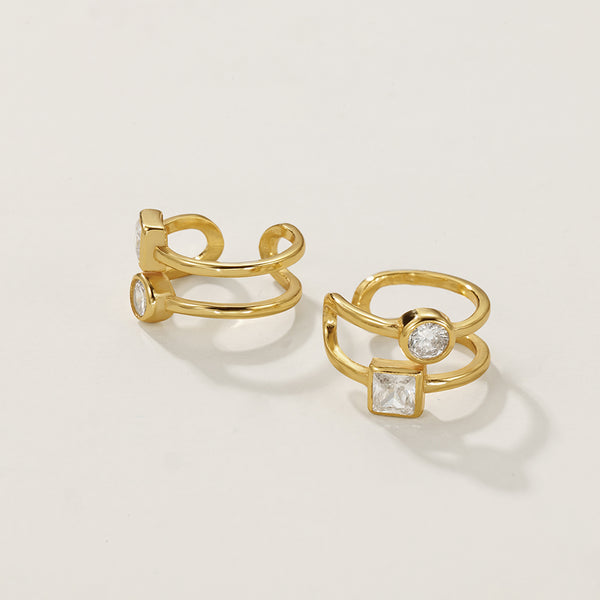 FE2375 925 Sterling Silver Geometric CZ Double Ear Cuff