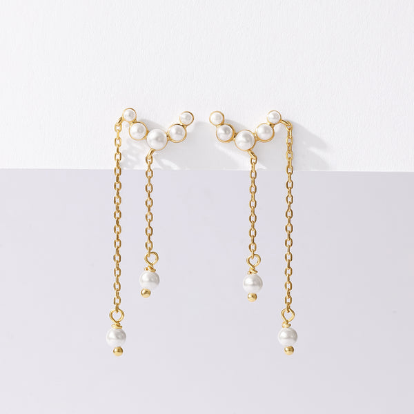 VFE0768 Shell Pearl Crescent Double Chain Stud Earrings