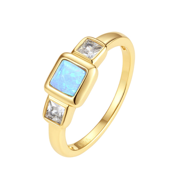 VFJ1335 Bezel-Set Princess-Cut Blue Opal Three-Stone Ring