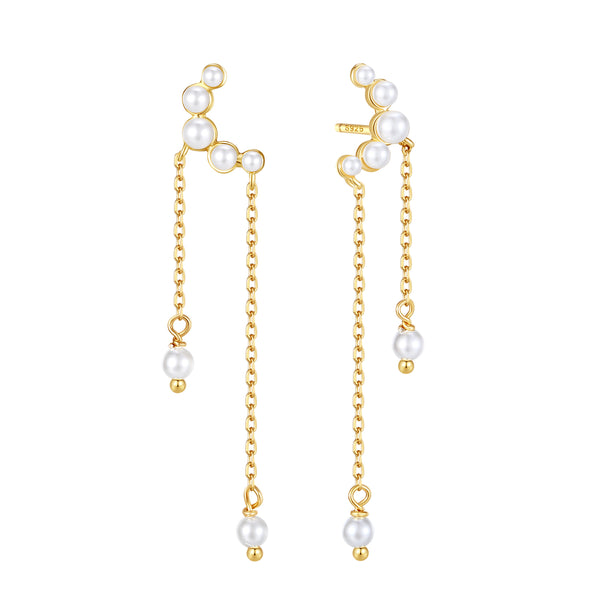 VFE0768 Shell Pearl Crescent Double Chain Stud Earrings