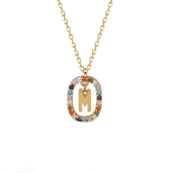 FX0991 925 Sterling Silver Spanish Alphabet Rainbow Zirconia Oval Pendant Necklaces