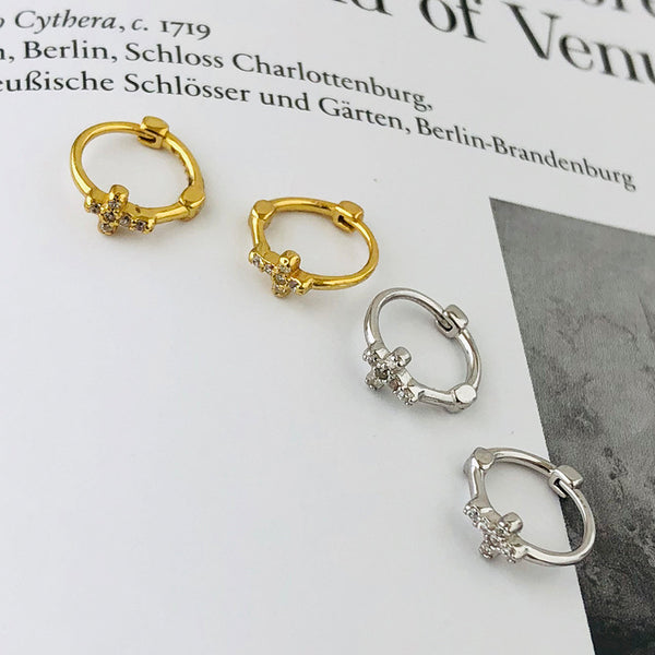 FE2552 925 Sterling Silver Dainty Cross CZ Stone Hoop Earring