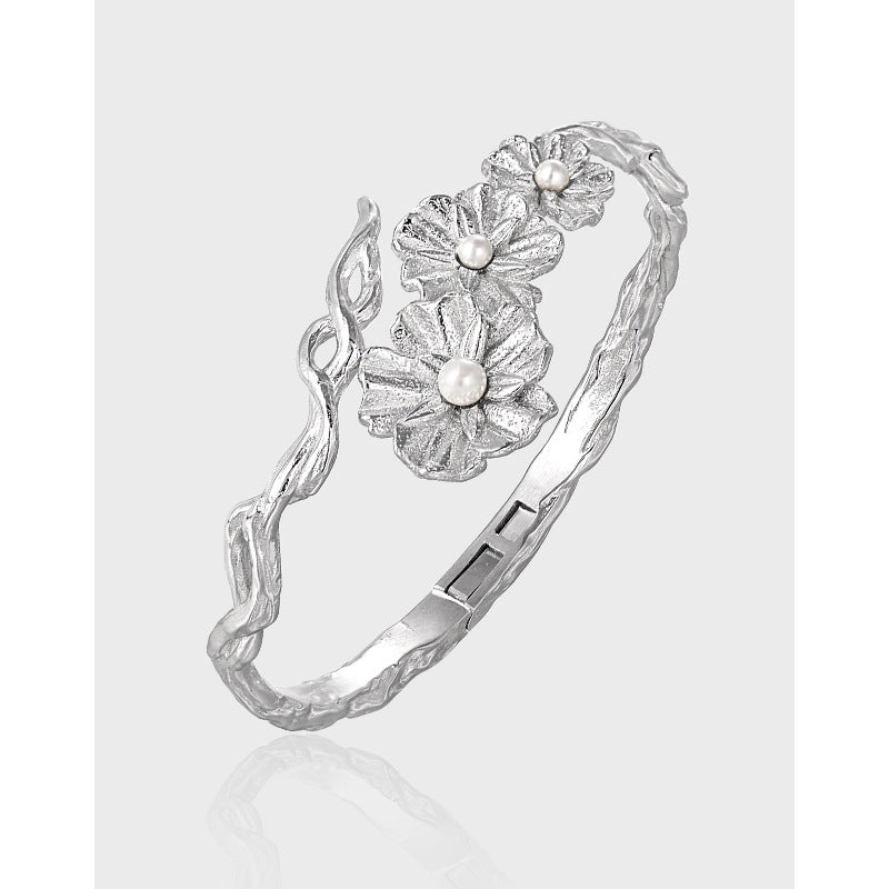 RHS1012 925 Sterling Silver Retro Temperament Pearl Flower Open Bracelet