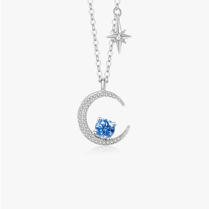 FX1235 925 Sterling Silver Moon Star Diamond Necklace