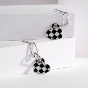 FE2590 925 Sterling Silver Checkerboard Love Heart Enamel Dangle Stud Earring