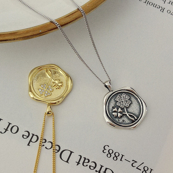 FX1043 925 Sterling Silver Four Leaf Clover Coin Pendant Necklace