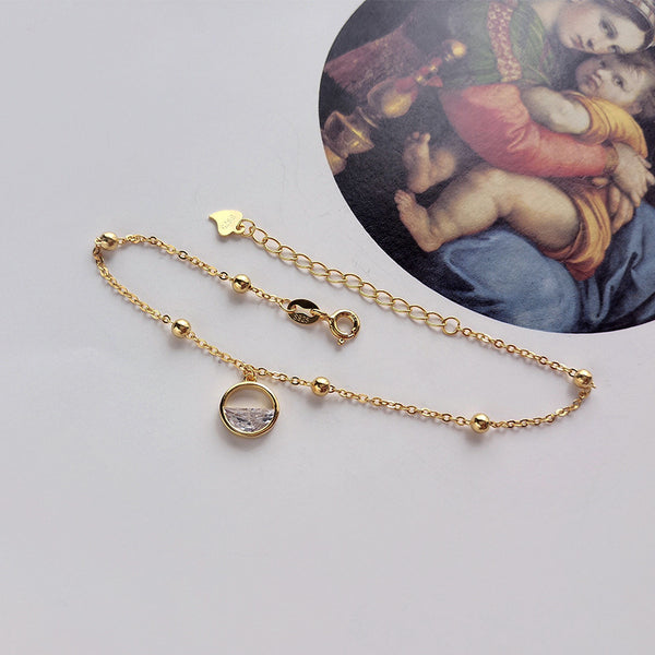 FS0355  925 Sterling Silver Round Bead One Wangqing Spring Water Drop Pendant Bracelet