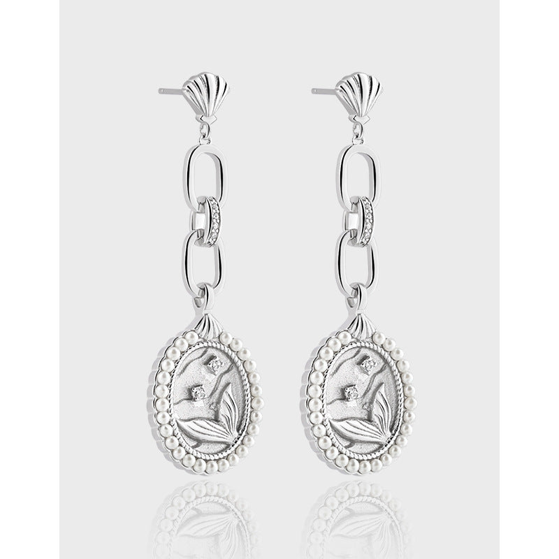 RHE1340 925 Sterling Silver Shell Pearl Oval Coin Fishtail Dangle Stud Earrings