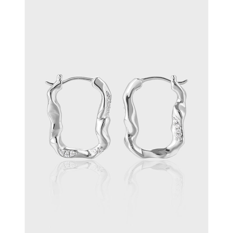 RHE1346 925 Sterling Silver Geometric Irregular U-shaped Zircon Hoop Earring