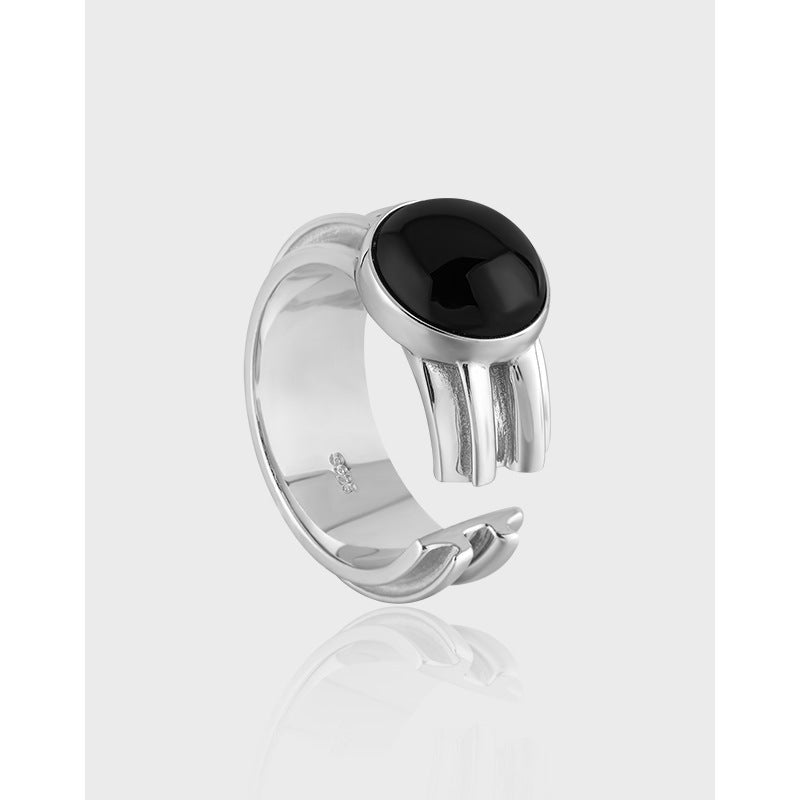 RHJ1172 925 Sterling Silver Geometric Round Wide Circle Black Onyx Open Ring