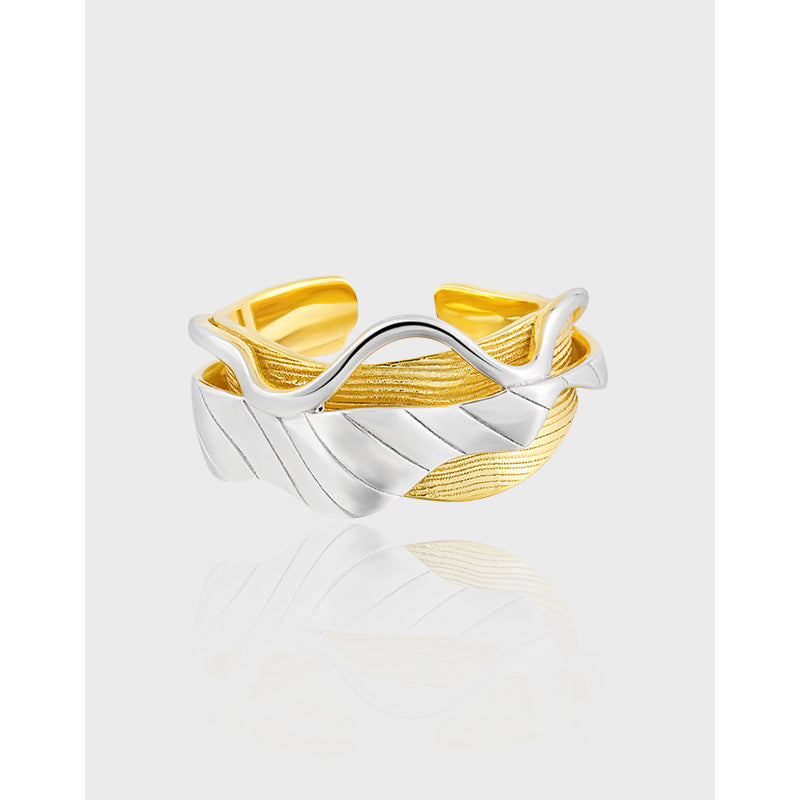 RHJ1196 925 Sterling Silver Two-tone Irregular Wave Design Open Ring