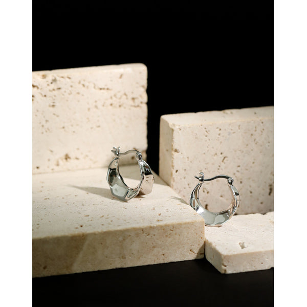 RHE1118 925 Sterling Silver Irregular Double-Sided Concave Convex Hoop Earrings