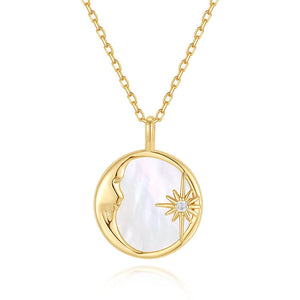 VFX0406 Sunburst Crescent Mother Of Pearl Coin Pendant  Necklace