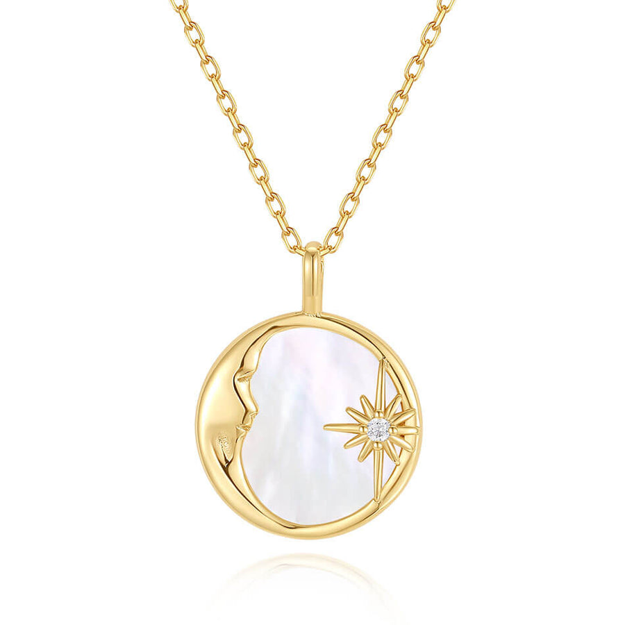 VFX0406 Sunburst Crescent Mother Of Pearl Coin Pendant  Necklace