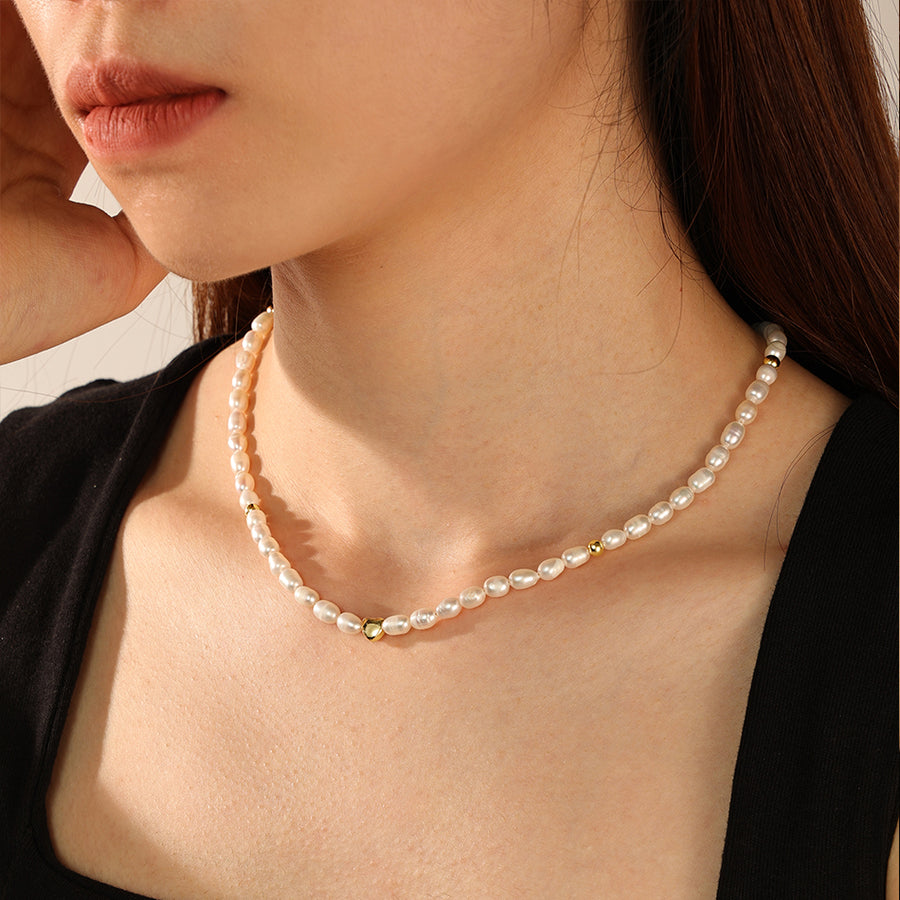 PN0089 925 Sterling Silver Gold Bead Freshwater Pearl Beaded Necklace