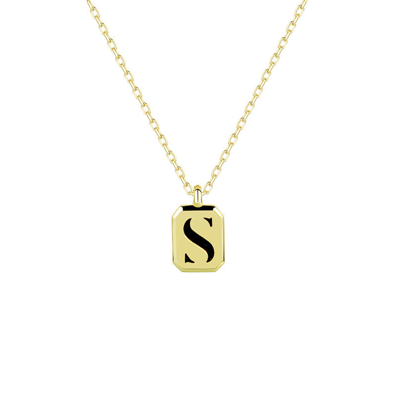 FX0927 925 Sterling Silver 26 Letters Black Onyx Square Pendant Necklaces