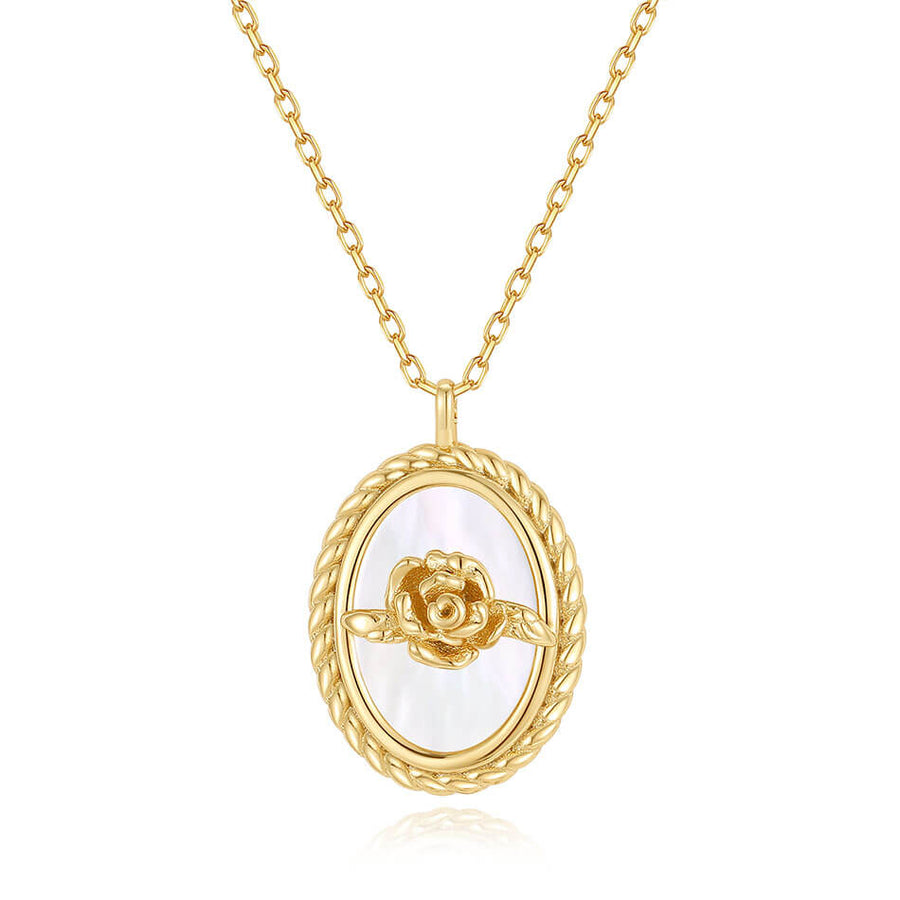 VFX0405 Rose Flower Mother Of Pearl Coin Pendant Necklace