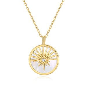 VFX0407 Sunrise Sunburst Mother Of Pearl Coin Pendant Necklace