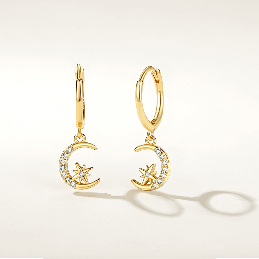 FE2321  925 Sterling Silver Crescent Starburst CZ Dangle Hoop earrings