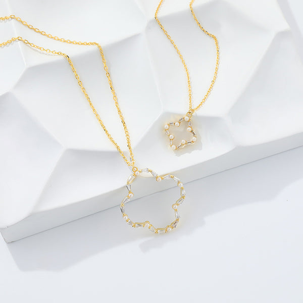 FX1080 925 Sterling Silver Zircon Openwork Clover Necklace