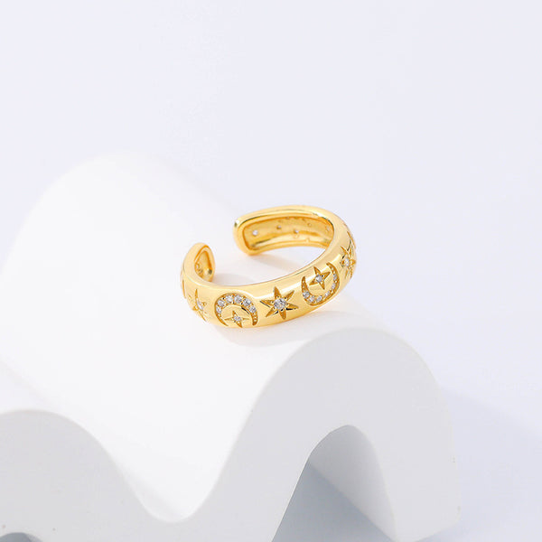 FJ0866 925 Sterling Silver Pave Moon Star Ring