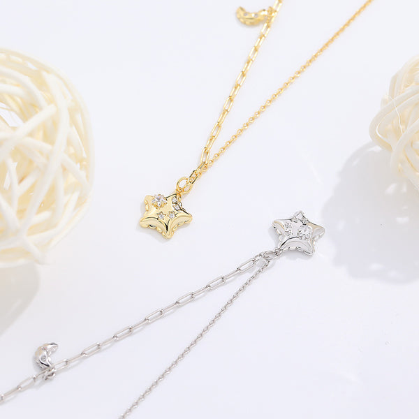 FX1066 925 Sterling Silver Zircon Star Crescent Moon Pendant Necklace