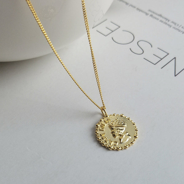 FX1054 925 Sterling Silver Portrait Texture Coin Pendant Necklaces